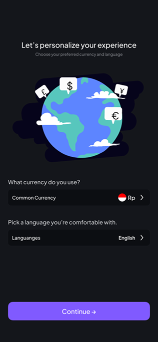Currency and language preferences — SmartFin screen